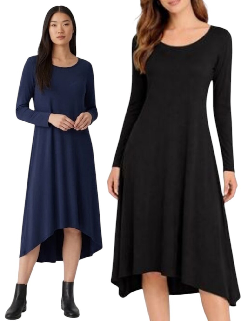 Eileen Fisher Navy Swing Assymetric Hem Long Sleeve Dress S